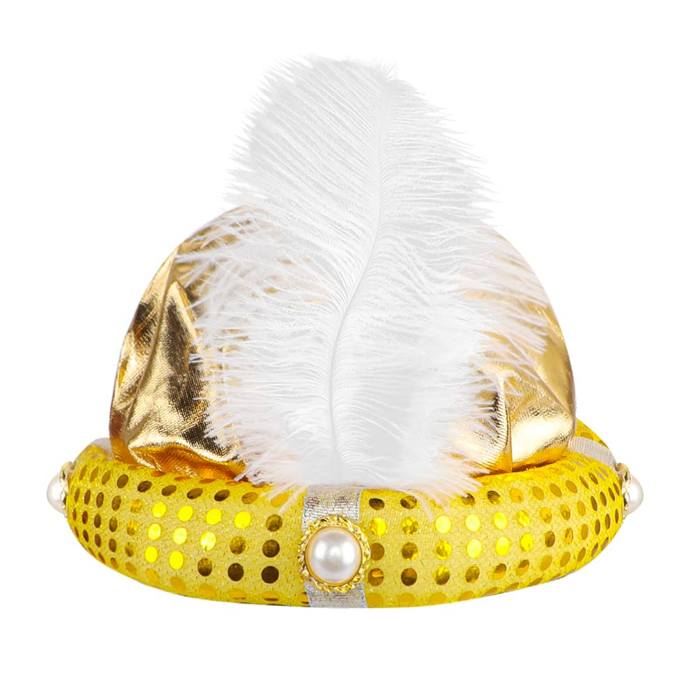 QCHOMEE Aladdin Turban Hat Gold Indian Sultan King Hat Cap with Feather Aladdin Theme Party Fancy Dress Up Cosplay Accessory Halloween Theatre Carnival for Adult Teen