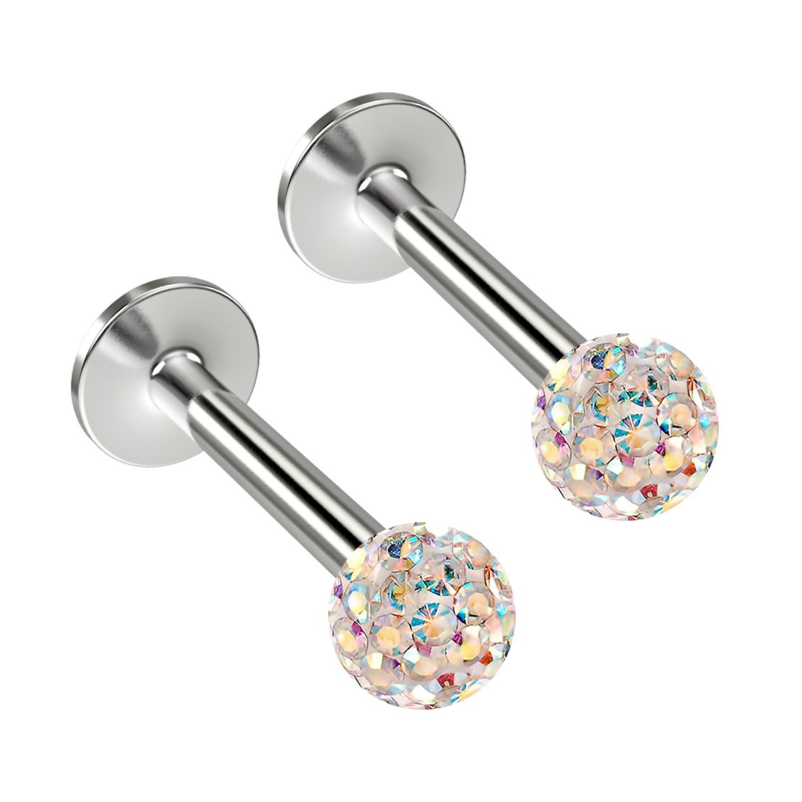 2pc 16g 1.2mm Aurora Borealis Labret Bar Lip Studs Cystal Sparkly Glitter Ball Surgical Steel Monroe Rings 8mm