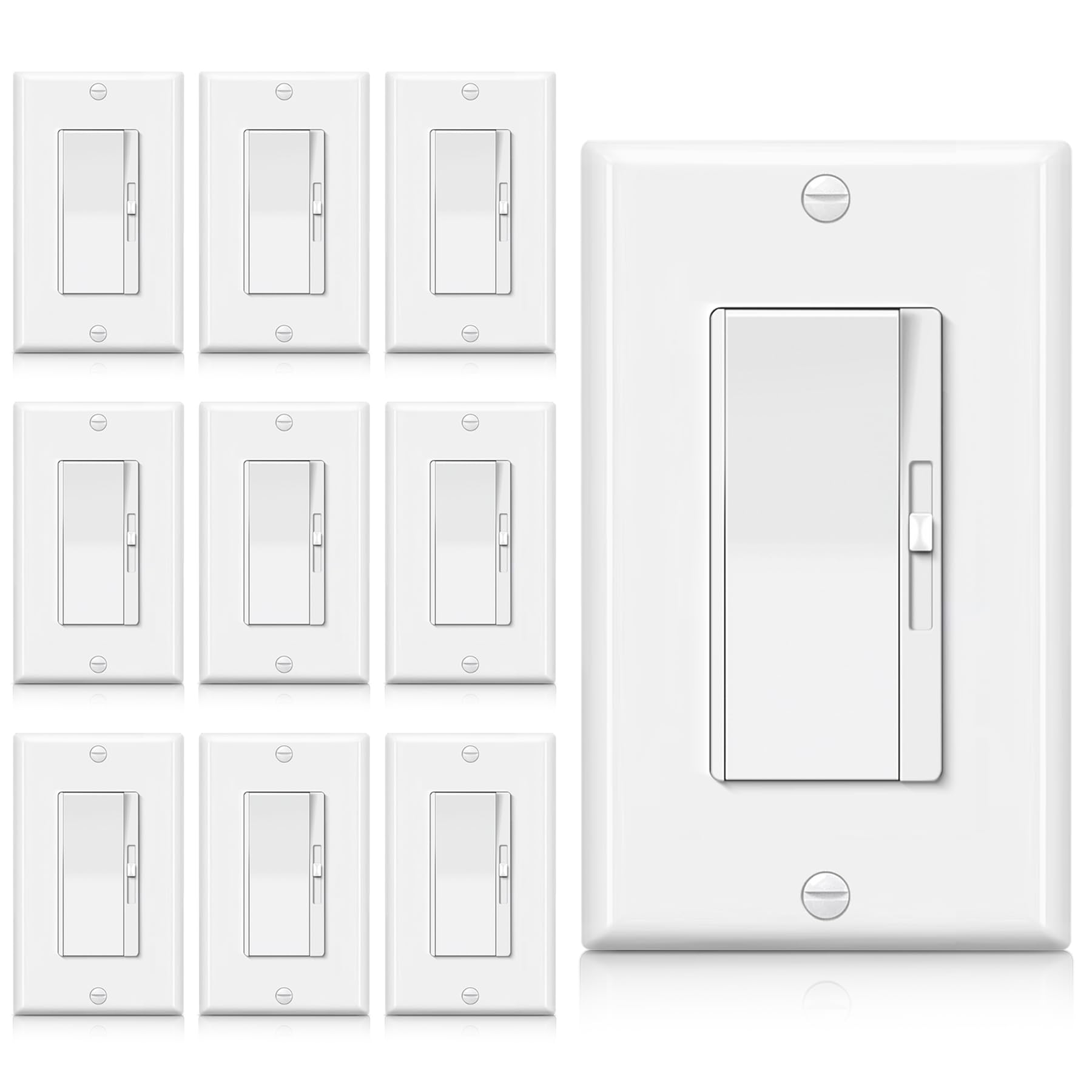 Photo 1 of BESTTEN 10 Pack Super Slim Dimmer Light Switch for 300W Dimmable LED/CFL Lights and 600W Incandescent/Halogen, Single Pole/3-Way LED Slide Dimmer, Wall Plate Included, ETL Listed, White