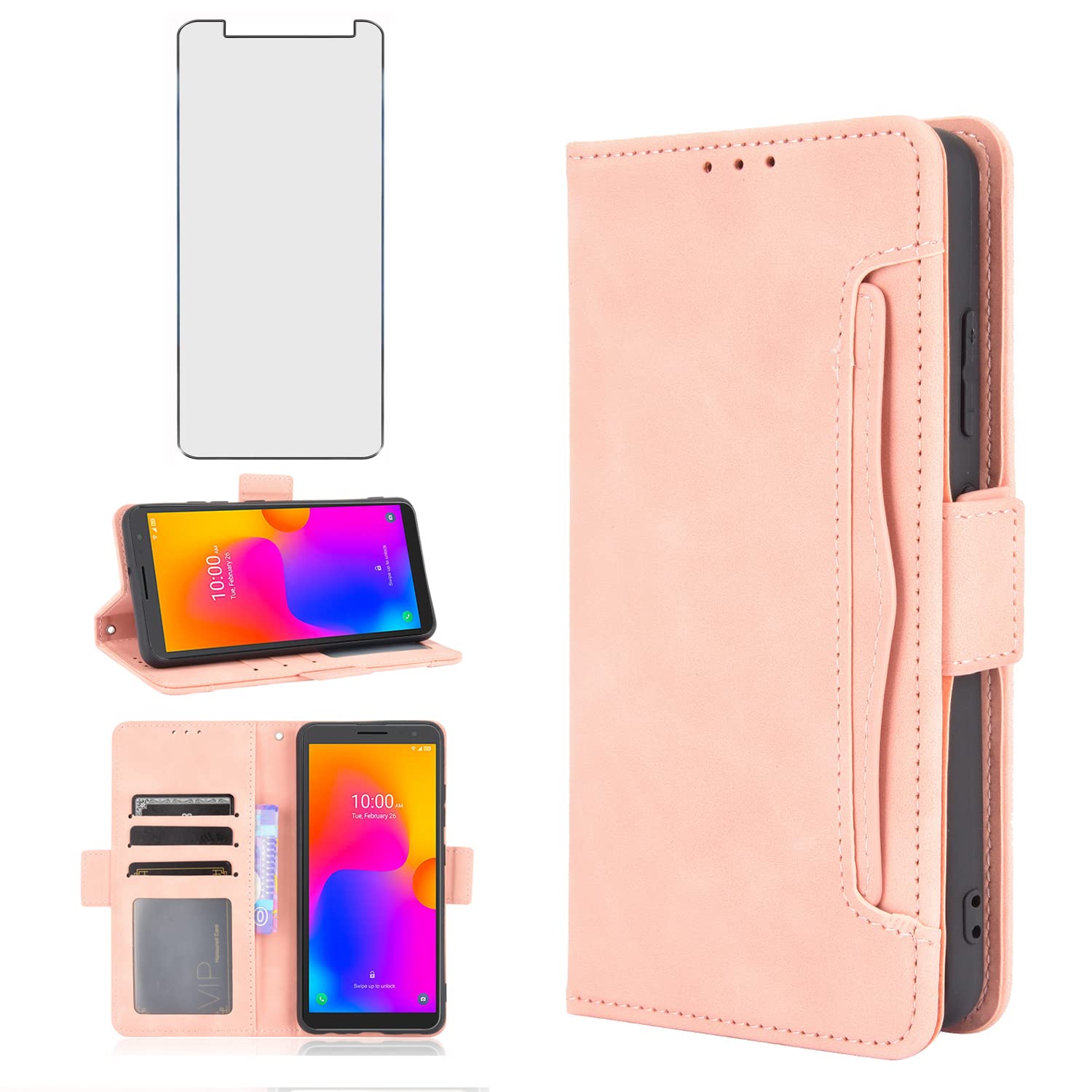 Asuwish Compatible with Alcatel 1B 2022 Wallet Case and Tempered Glass Screen Protector Card Holder Stand Leather Flip Cell Accessories Phone Cover for Women Men Rose Gold