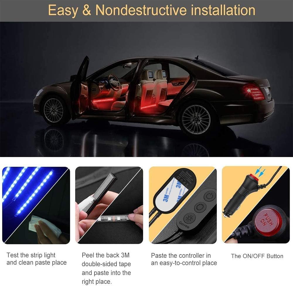 MINGER Unifilar Car LED Strip Light, 4pcs 48 LED APP Controller Car Interior Lights, Waterproof Multicolor Music Under Dash Lighting Kits for iPhone Android Smart Phone, Car Charger Included, DC 12V: Automotive