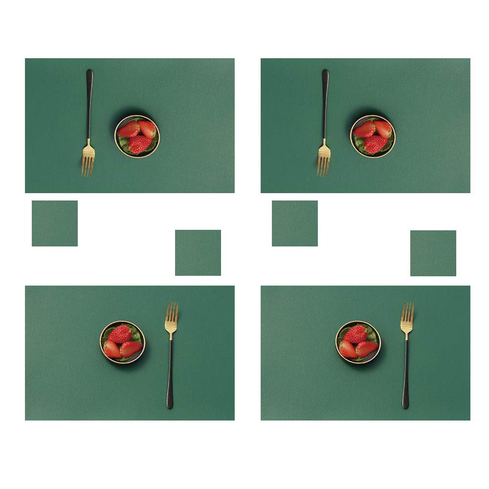 Set of 4 PU Leather Placemats and Coaster Sets - Resistant Placemats for Dining Table Durable Faux Leather Placemats and Coasters Set(Green)