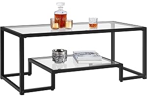 Yaheetech Coffee Table, Tempered Glass Coffee Table, Modern Simple Center Tables w/Geometric-Inspired Design & Metal-Frame & Easy Assembly & Open Storage Shelf for Living Room, Office, Black
