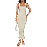 ZESICA Women's Summer Bodycon Midi Dress Sleeveless Square Neck Slim Fit Back Slit Long Cocktail Party Dresses