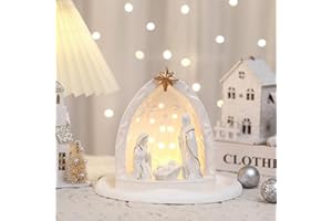 Cindeer Nativity Set for Christmas Indoor,Ceramic Nativity Scene with Light, Porcelain Statue Sculpted Hand Painted Figurine, Holy Family Manger Scene Tabletop Decor Gift(Classic)