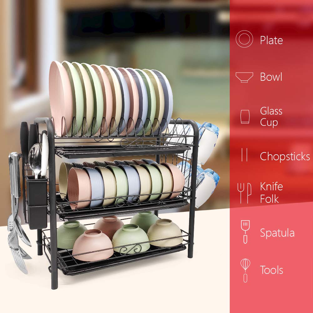 Dish Drying Rack 3-Tier Chrome Plating Dish Rack Stainless Steel Kitchen Dish Drainer Rack Organizer Tool-Free Installation With Utensil Holder/Drain Board/Bracket 3 Layers (Black, 3 tier)