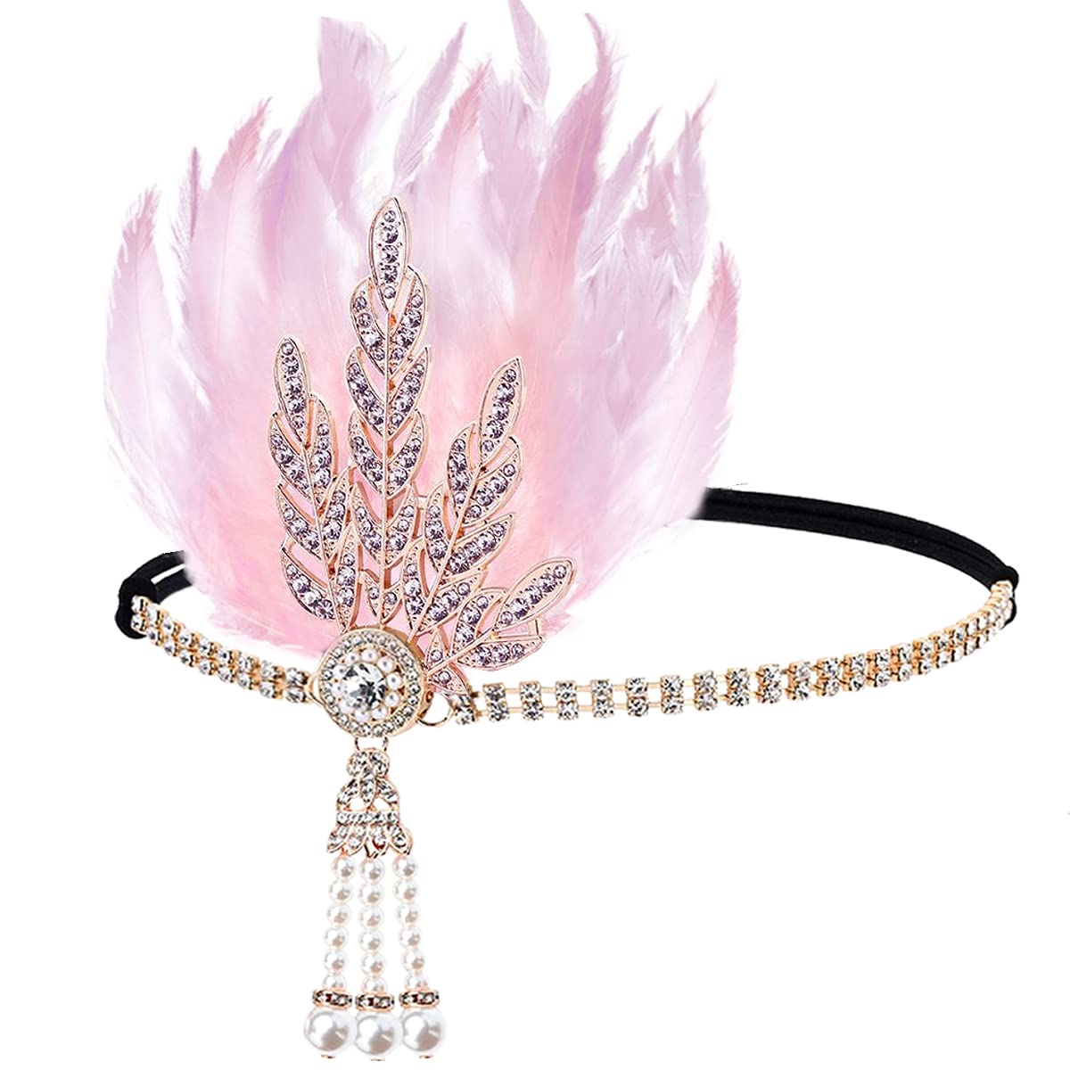 FERCAISH 1920s Flapper Feather Headband, Roaring 20s Black & Pink Crystal Headband for Women, Great Gatsby Bachelor Party Accessory โ image 1
