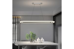 Matven Island Lights, Linear Pendant Light LED Dimmable Hanging Light Fixture, 3000K-6000K with Remote Control,Chandeliers for Dining Room‎(Silver,43.3IN)