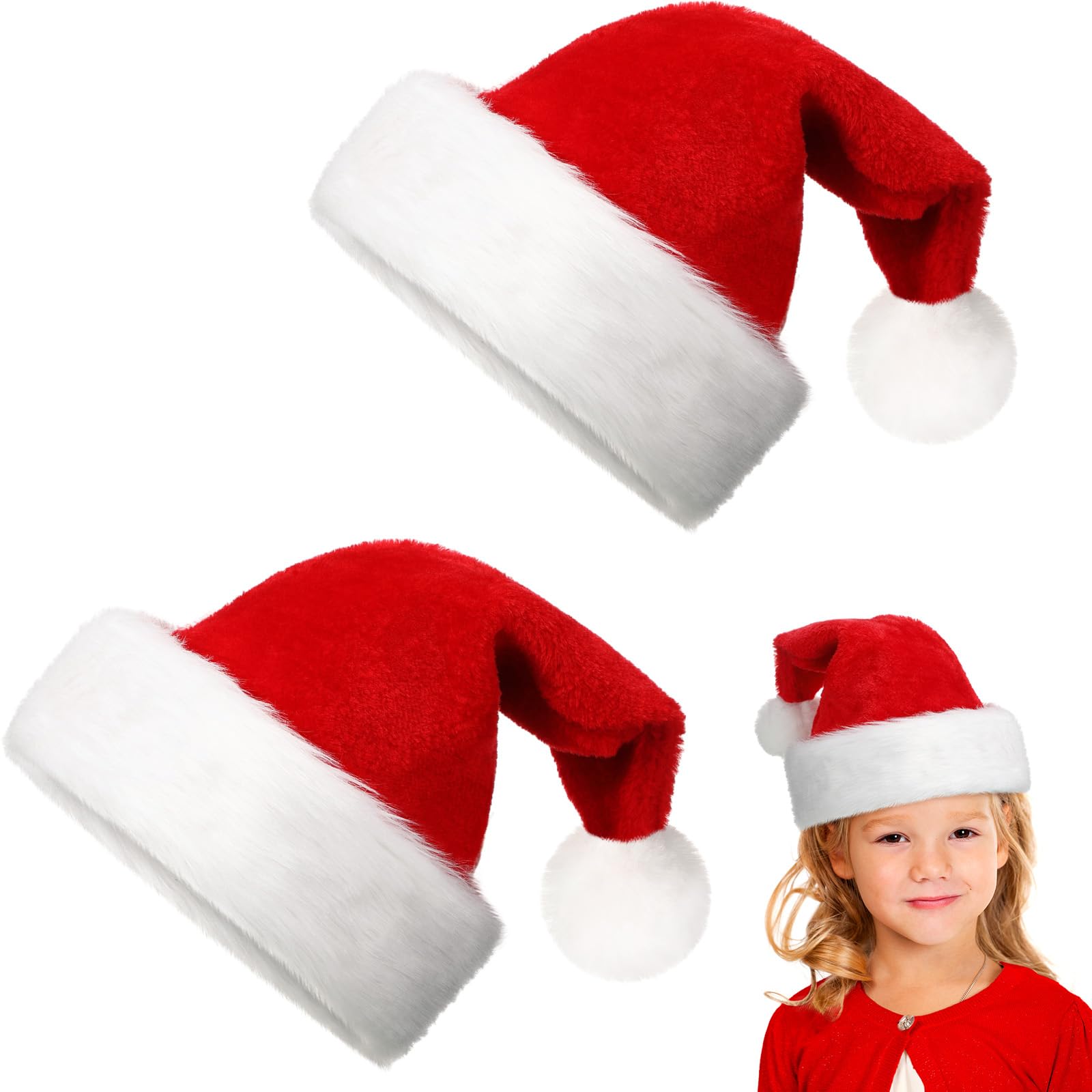 Hestya 2 Pcs Santa Hat Christmas Hat for Kids Boys Girls Children Christmas Hats Thicken Comfortable Velvet Santa Claus Hat Soft Plush Xmas Holiday Hat for Christmas New Year Theme(Red)