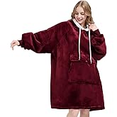 Qeils Wearable Blanket Hoodie for Women, Comfy Sherpa Sweatshirt Blanket as Birthday Christmas Gifts, Oversized Pullover Jacket Blanket Hoodie for Adult (Burgundy, Adult)