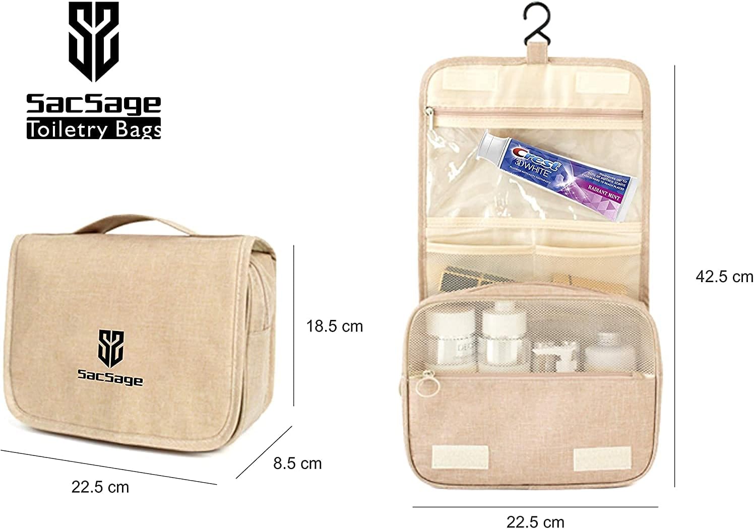 Hanging Travel Toiletry Bag for Women & Men by SacSage - Waterproof Organizer Bag with Hook for Toiletries Makeup Brushes Cosmetics Travel Essentials & Other Accessories (Beige)
