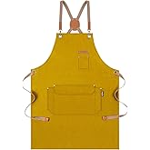 Chef Apron for Men Women with Gift Box Pack, Cross Back Apron with Pockets for Kitchen Cooking Baking Artist Painting, Cotton Canvas Work Aprons for Shop, Garden, Restaurant, Cafe (Yellow, M to XXL)