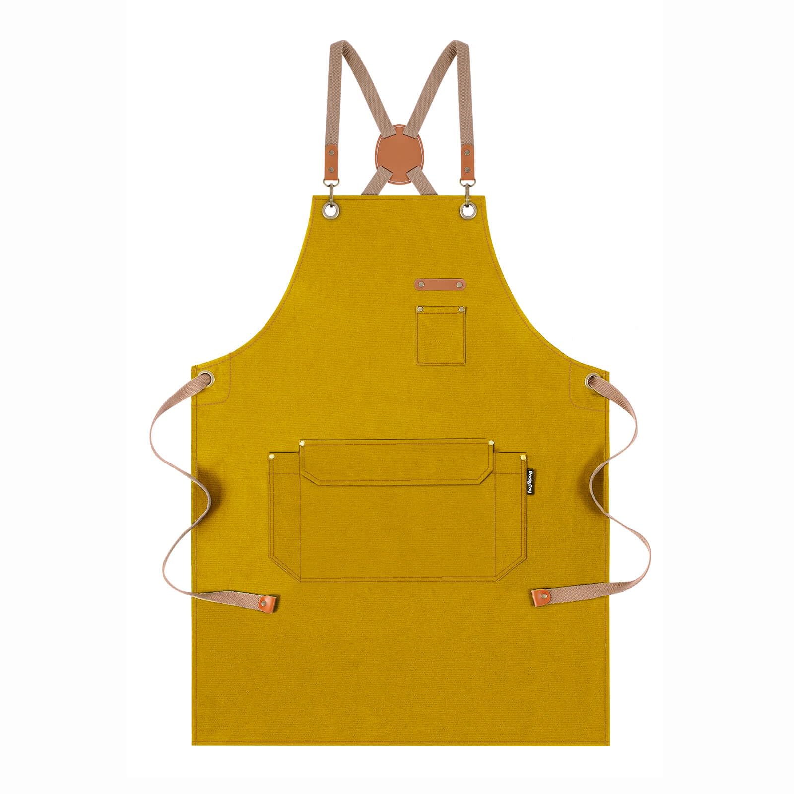 Genixart Chef Apron for Men Women with Pockets - Cross Back Kitchen Apron Cooking, Baking, BBQ, Art Painting - Cotton Canvas Work Aprons for Gardening, Restaurant, Cafe, Bar, Shop (1, Yellow)