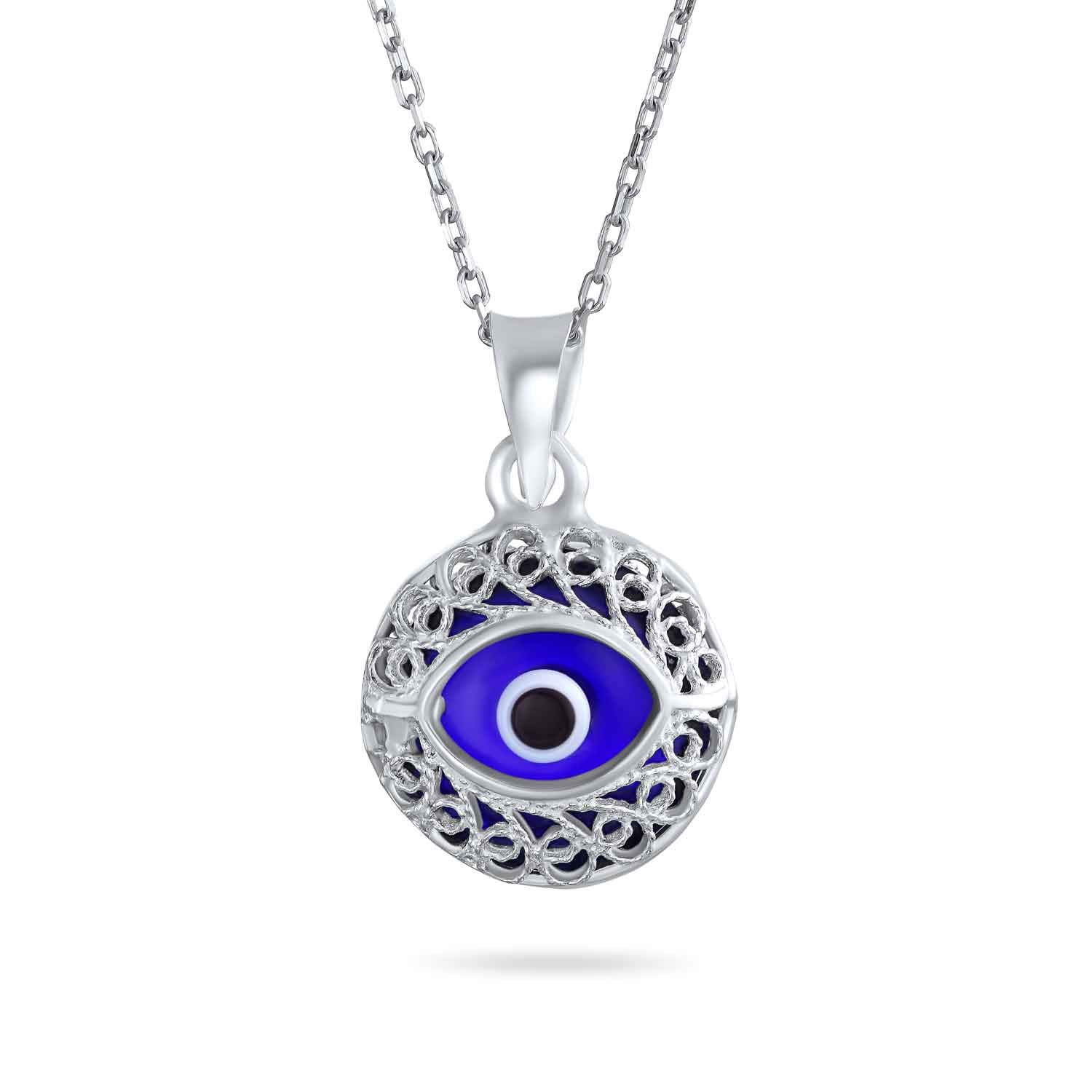 Bling Jewelry Turkish Spiritual Protection Amulet Round Circle Moving Floating Navy Nazar Blue Evil Eye Filigree Charm Pendant Necklace For Women For Teen .925 Sterling Silver — image 1