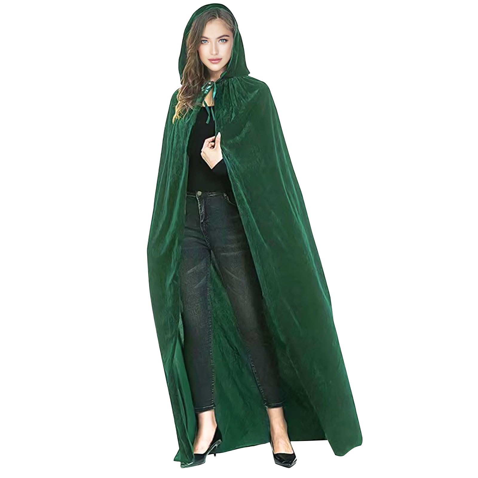 FUIPVGI 140cm Green Cloak,Unisex Full Lenght Cloak,Grim Reaper Costume,Cape Halloween Hooded Cape Witch Cosplay,Wizard Costume Adult Kids for Halloween Vampire Fancy Dress Masquerade (Green)