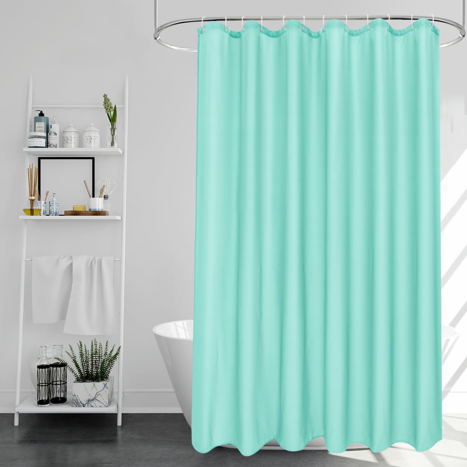 EurCross Light Green Shower Curtains Mould Proof Resistant Washable, Quick Dry Water-resistant Fabric Bathroom Shower Curtain 180 x 180cm Drop with 12 Plastic Hooks