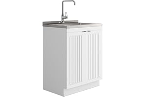 SIMPLIHOME Murphy All-in-One Utility Sink & Cabinet, Pure White, 28-inch Laundry Cabinet, Faucet, 10-inch Deep Stainless Steel Sink, Beadboard Doors, Laundry Room Storage