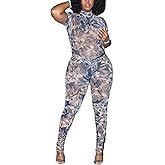 longlugoo Sexy Jumpsuits for Women Bodycon Mesh Print One Piece Jumpsuit Short Sleeve Jumpsuit Trendy
