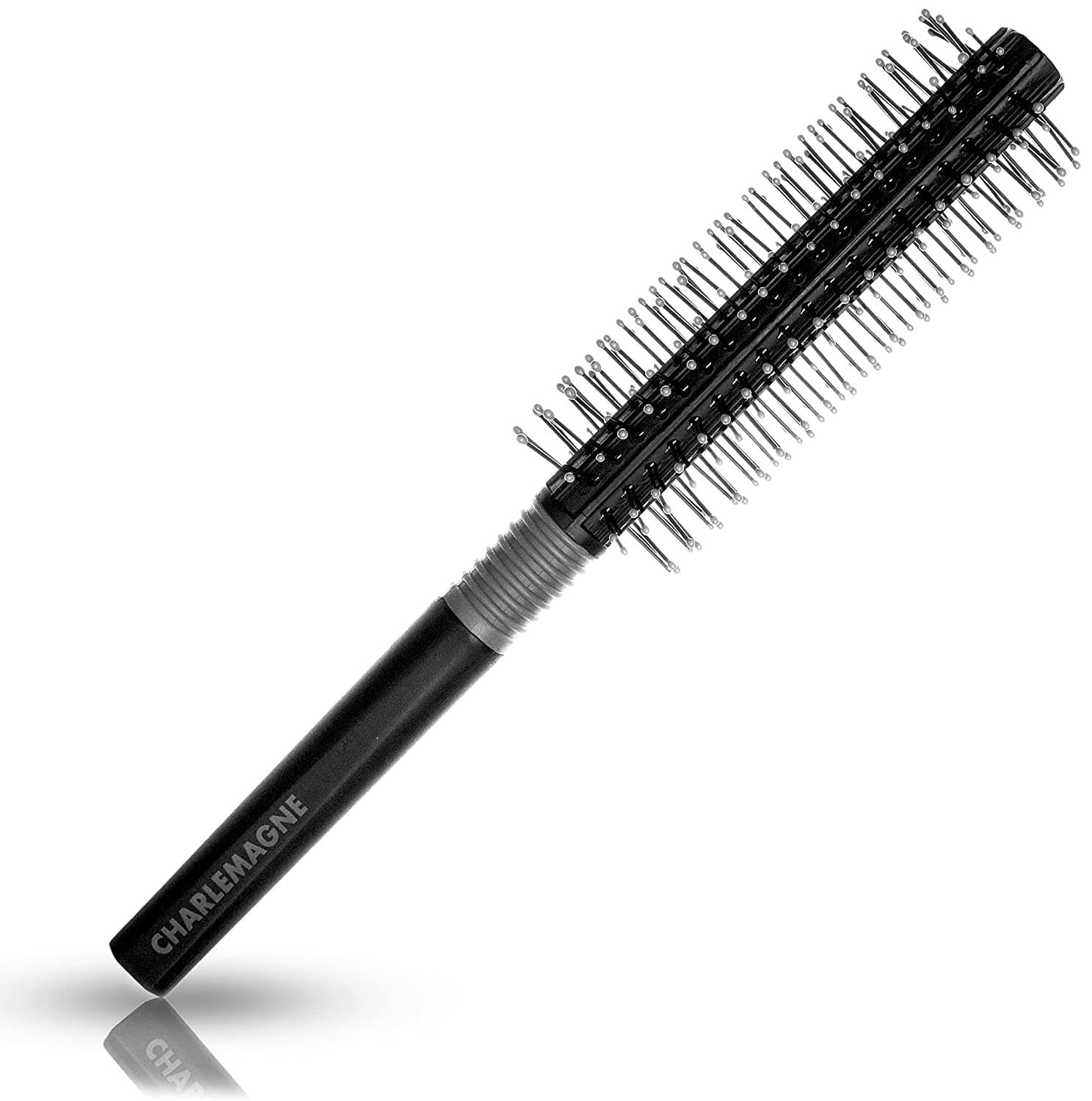 Charlemagne Small Round Barrel Hair Brush - Plastic, Black - Volumising Barrel Styler for Blow Drying - Beard Brush & Round Comb for Beard