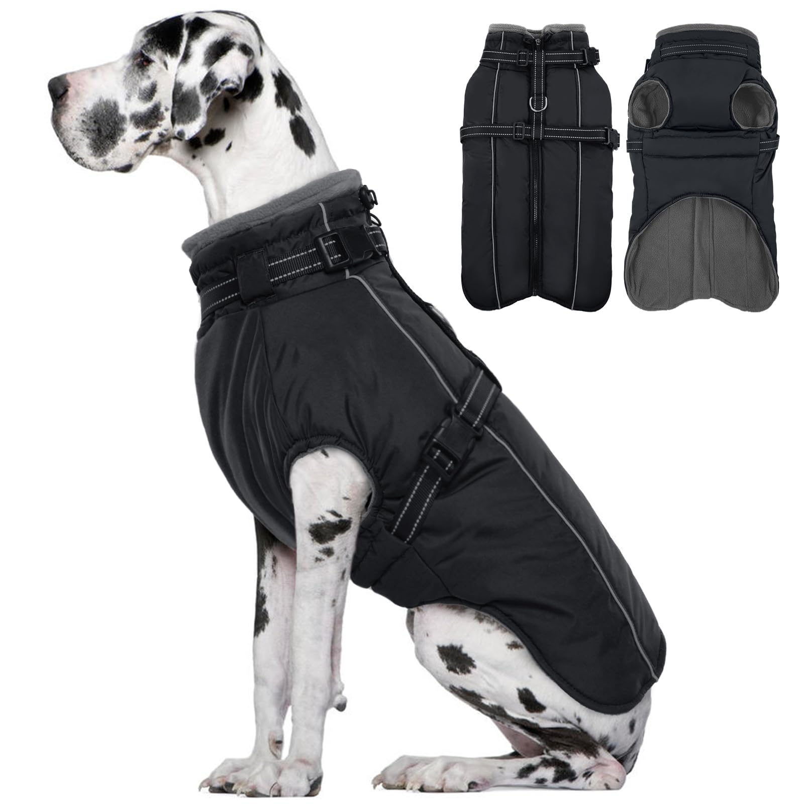 Lelepet Large Dog Coat With Harness - Warm Waterproof Fleece Jacket, Winter Reflective Vest Snow Suit for Labrador, Black 2XL
