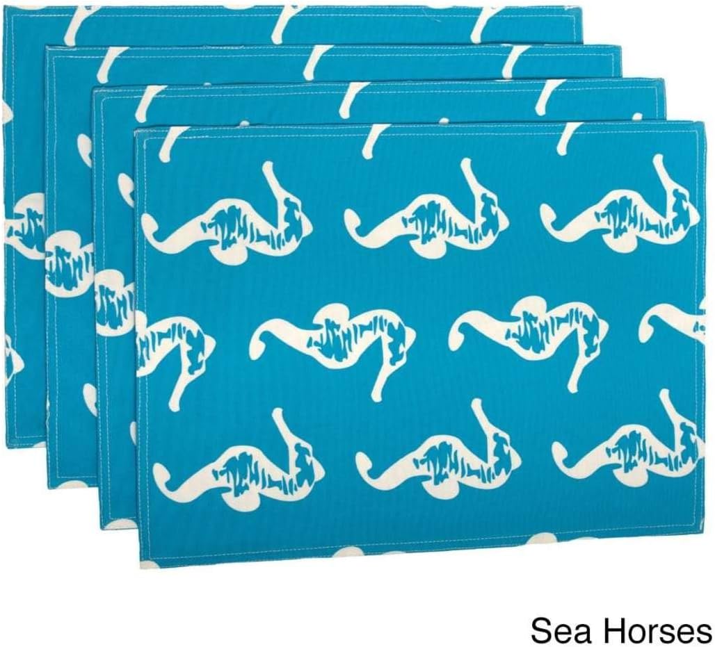 Set of 4-18 x 13 Teal Ocean Theme Kitchen Placemats, White Sea Horse Animal Print Pattern Sea Life Horses Geometric Jacquard Contemporary Place Mats, Dining Room Table Linen Placemat, Polyester