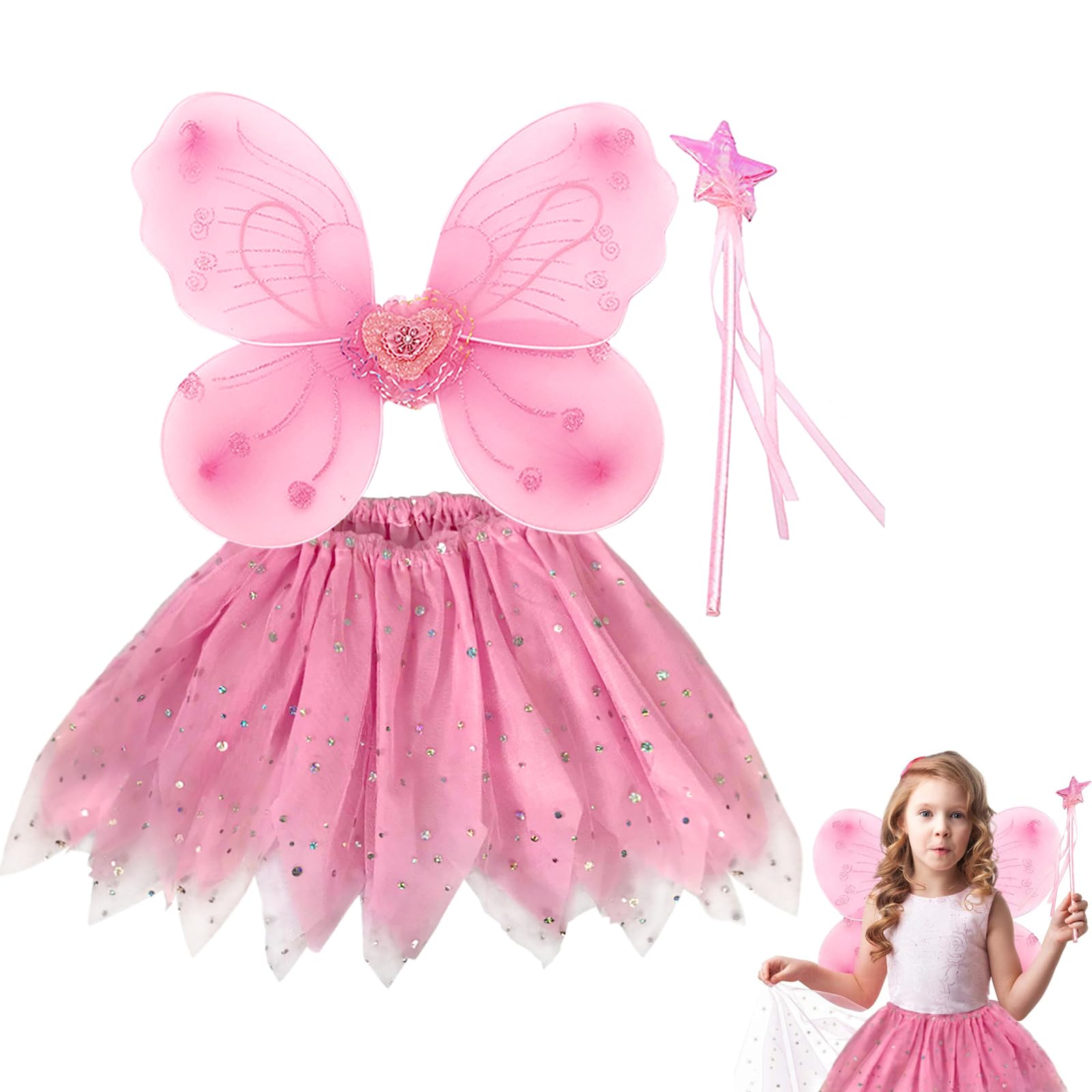 AffeGifts Fairy Wings Kids and Wand Set, Kids Butterfly Wings with Tutu Skirt Butterfly Costume Princess Fairy Costume for Girls Masquerade Birthday Party 3-8 Years Old (Pink)