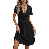 YSYOKOW Women's Summer Faux Wrap V Neck Midi Dress Short Sleeve Casual A-Line Sundress with Pockets for Beach Party Work
