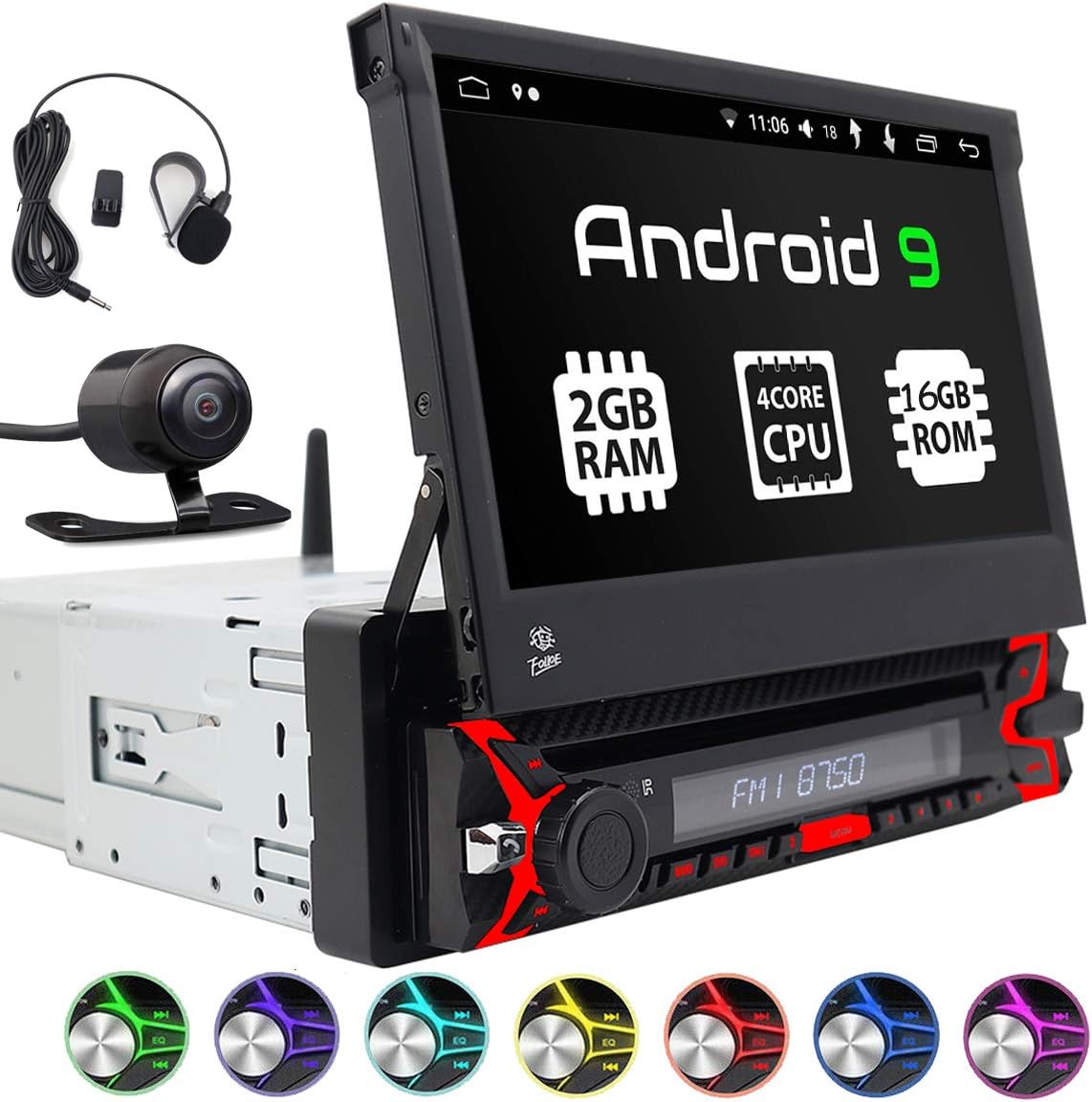 Autoradio with Android 9.0 Quad Core 2GB RAM 16 GB ROM GPS Sat Nav I Bluetooth I DVD CD USB SD AUX I Support: WiFi WLAN 3G 4G DAB+ OBD2 I 7'' Touch Screen I AUX I 1 DIN