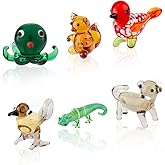Hobbspring 6Pcs Hand Blown Glass Figurines Miniature Animal Decor Colorful Glass Bird Octopus Cat Chameleon Squirrel Display Decorations for Home Office Collectible Gifts