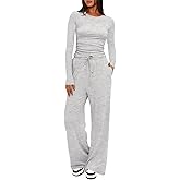MIUQOO Two Piece Sets for Women Long Sleeve High Waist Wide Leg Tracksuits Casual Workout Lounge Outfits Matching Sets
