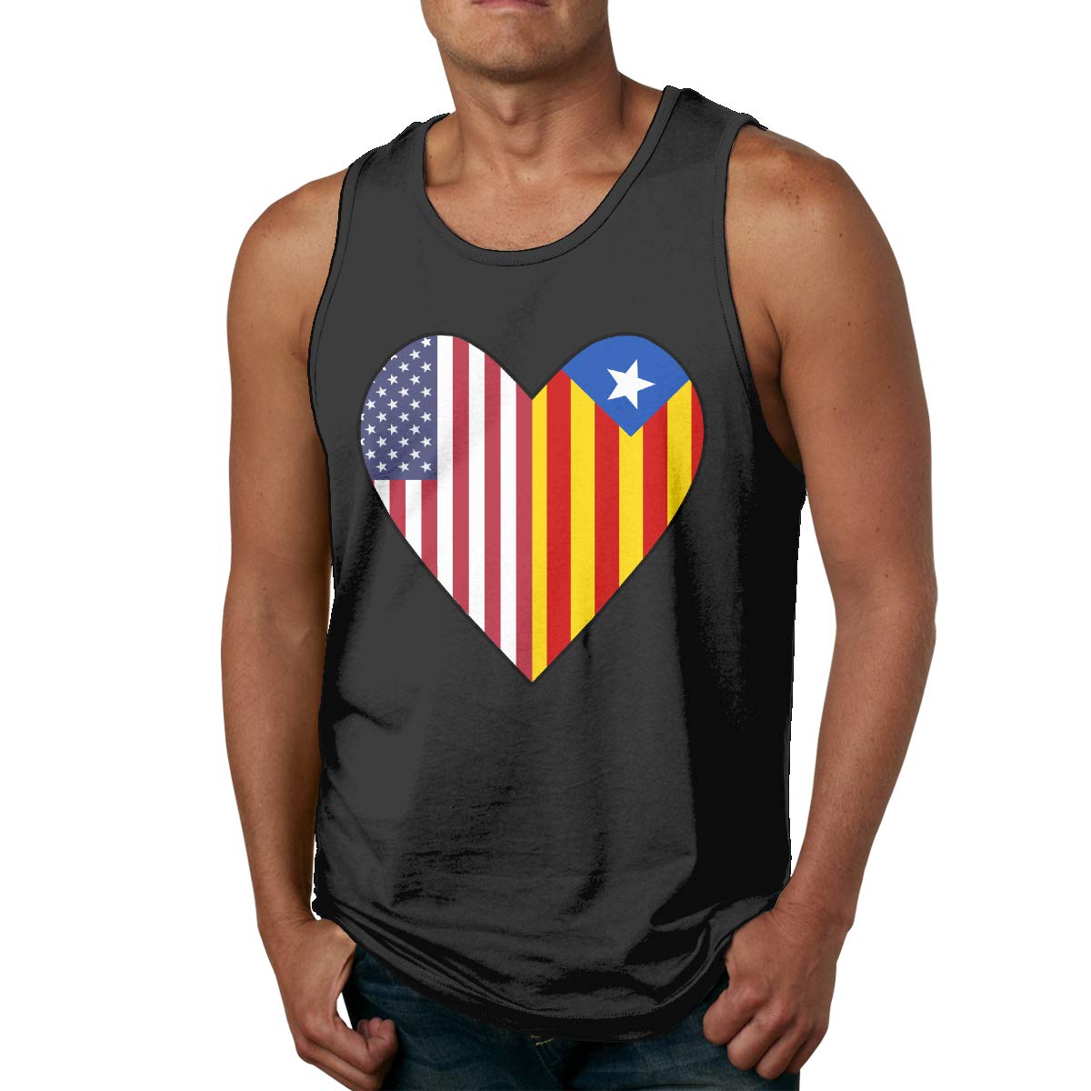 Half Catalonia Flag Half Usa Flag Love Heart For Jogging Walking Cycling Black T Shirt