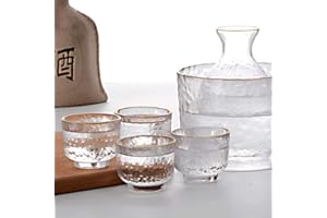 BOLLAER Sake Pot Set, Japanese Cold Sake Glasses, Clear Unique Trendy Floating Design, 1 Sake Carafe Bottle 1 Sake Tank and 4