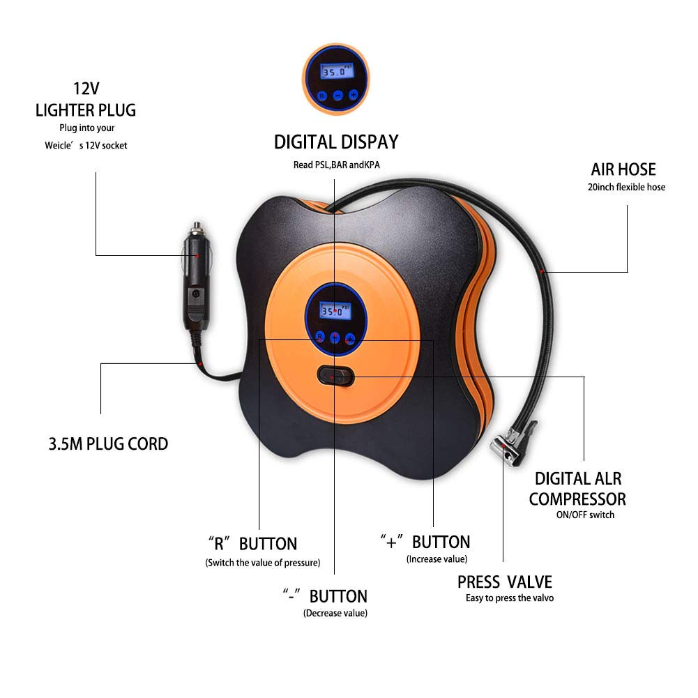 CNIKESIN Portable Tire Inflator Car Air Compressor Pump, Auto Digital Tyre Inflator with Pressure Gauge 12V 150 Psi for Cars, Trucks, Bicycles, Basketballs, Air Boats 