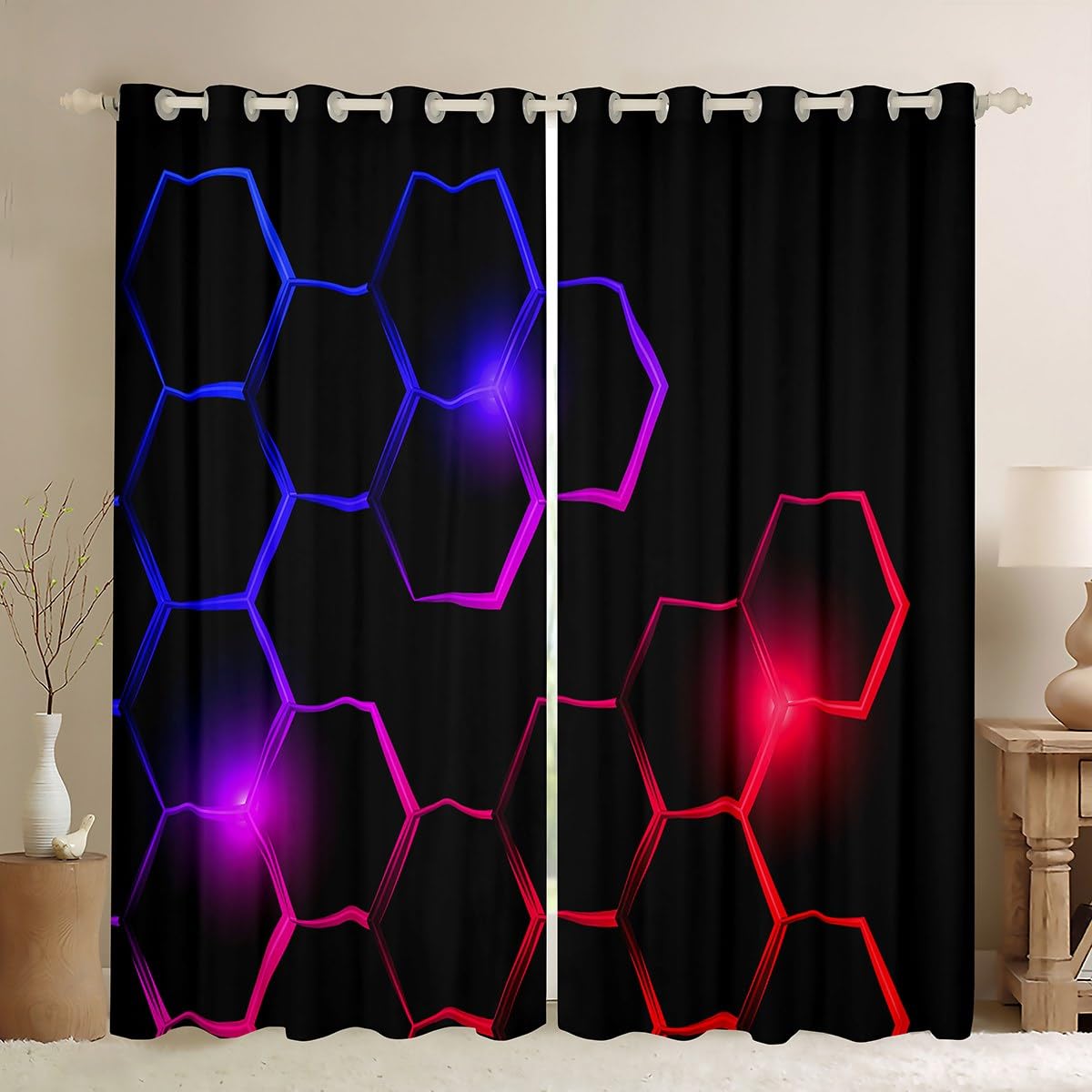 Red and Black Curtains for Bedroom Living Room Kids Honeycomb 30%-50% Blackout Curtains for Hexagon Theme Darkening Drapes Geometric Purple Window Treatments W46*L54