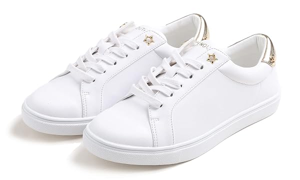 BREEZE NOUTHERLY WOMEN’S FASHION BLING DECO PARTY LIGHTWEIGHT VEGAN LEATHER SNEAKER WHITE LIGHT GOLD TRIM SIZE 7.5 M US