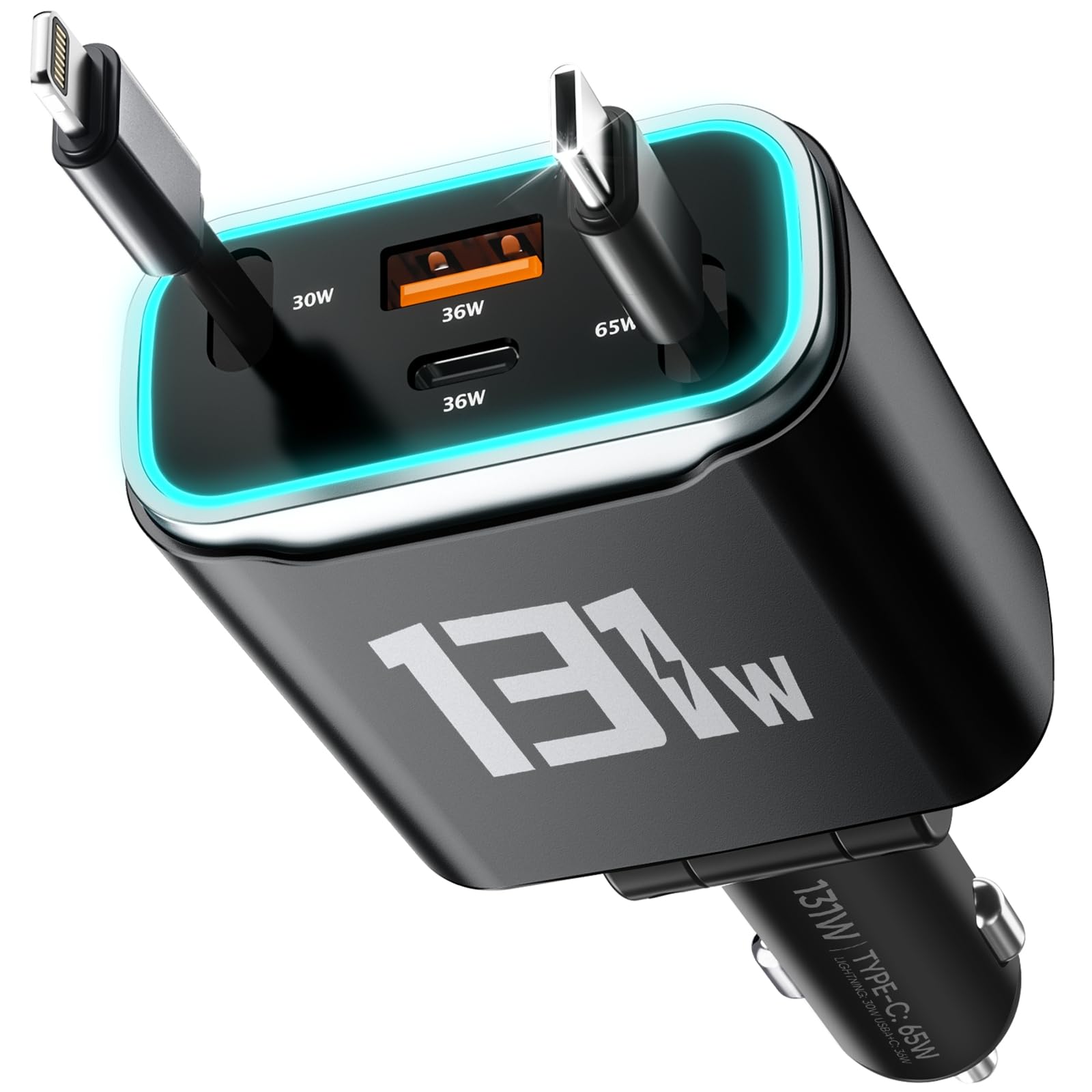 Photo 1 of iPhone Car Charger, 4 in 1 Retractable Fast Car Phone Charger Adapter 131W, Retractable Cables (31.5 inch) & 2 USB Ports for iPhone 16/15/14/13/12/11 Pro/Samsung