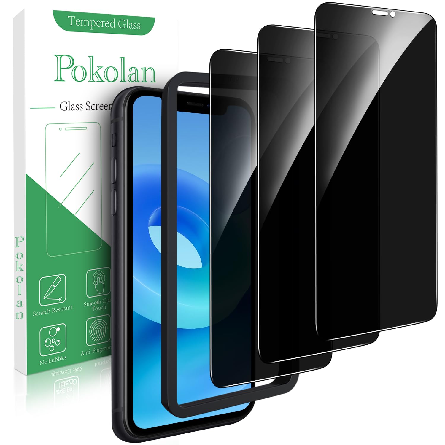 Pokolan 3 Pack Privacy Screen Protector for iPhone 11/XR, Anti Spy Tempered Glass Film, Alignment Frame, Easy Installation, Anti-Scratch, Case Friendly