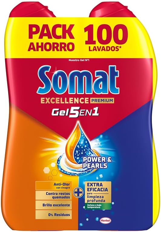 Excellence Gel Frescor Anti-Olor (100 lavados), detergente lavavajillas desengrasante, lavavajilla líquido automático en botella, jabón para platos con vinagre