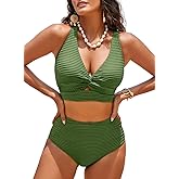 Herseas Women's Textured Bikini Sets Twist Front Top Swimsuits High Waisted Bathing Suits