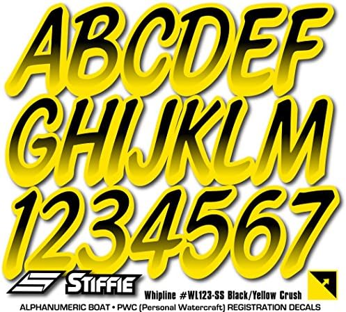 STIFFIE Whipline Black/Yellow Crush Super Sticky 3" Alpha Numeric Registration Identification Numbers Stickers Decals for Sea-Doo Spark, Inflatable Boats, Ribs, Hypalon/PVC, PWC and Boats.