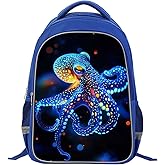 ZRENTAO Kids Backpack, 3D Reflective Cartoon, 600D Polyester & Dual Zippers, 17" Bookbag with Ergonomic Design for boys & girls age 6-18, Octopus Space Style for school Children Kids