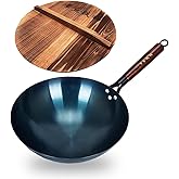 TKRADISH 14 Inch Chinese Hand Hammered Iron Wok and Stir Fry Pans with Wooden Handle and Lid Round Bottom Wok Pan Non-stick No Coating Ideal for Home Use and Gift Giving