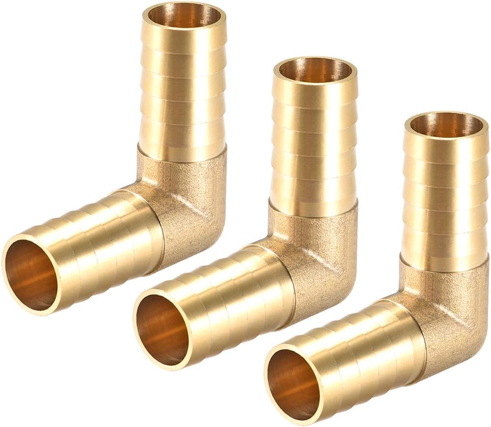 sourcing map 19mm Barb Brass Hose Fitting 90 Degree Elbow Pipe Connector Coupler Tubing 3pcs, Gold