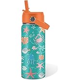 Ocean Gifts for Kids - 16 Oz Green Water Bottle with Straw Lid, Stainless Steel Insulated Tumbler, Leak Proof, BPA-Free, for Girls & Boys, School, Beach - Marine Life Lovers Birthday Gifts (1pc)
