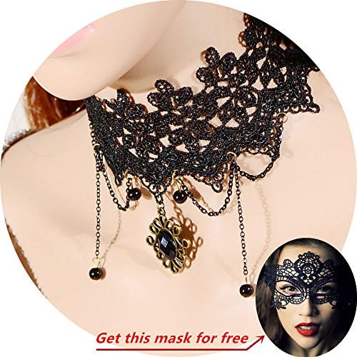Womens Punk Gothic Wedding Party Black Lace Choker Beads Tassels Chain Pendant Necklace