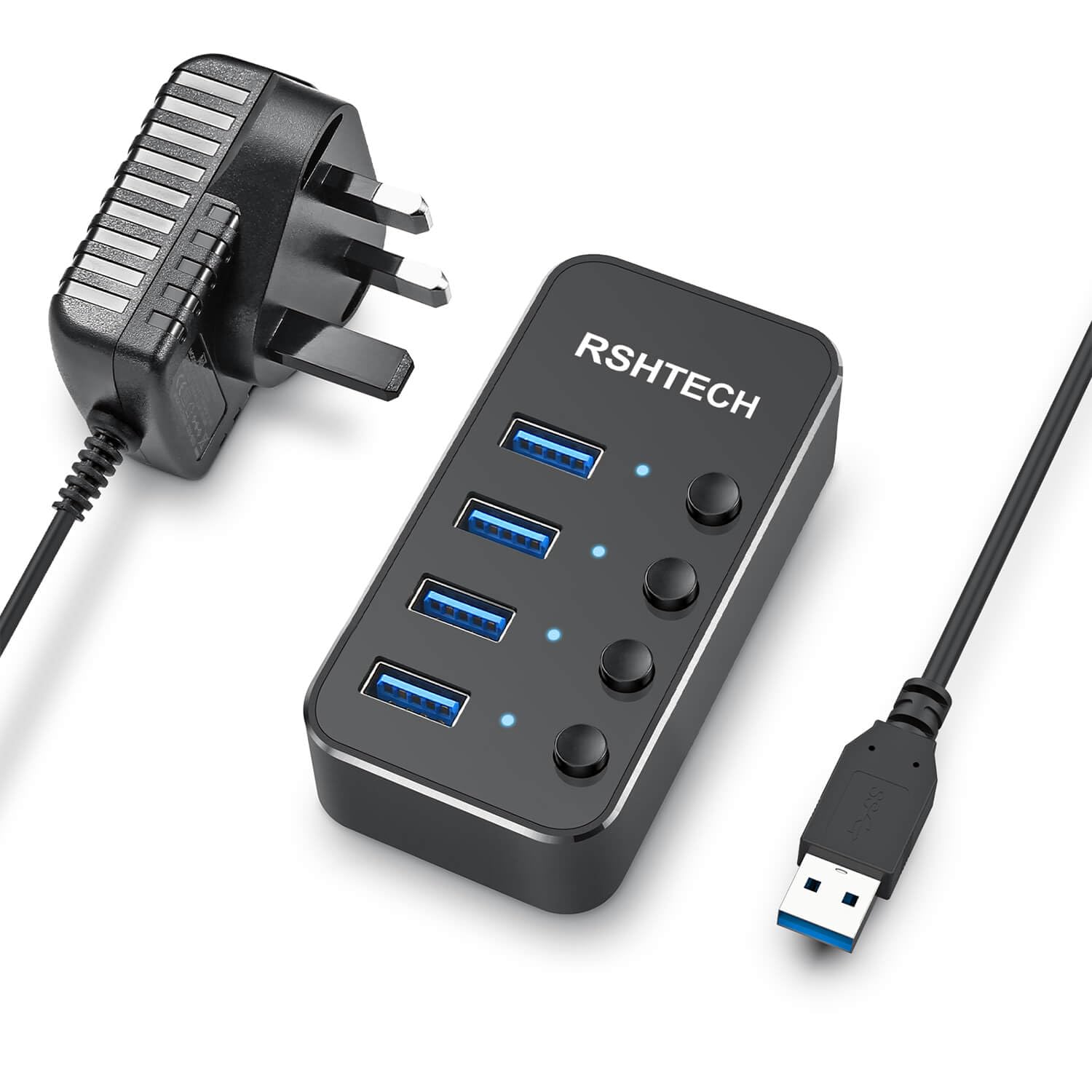 RSHTECH Powered USB Hub Aluminum 4-port USB 3.0 Hub with 5V/2A Power Supply and Individual On/Off Switch (Black)