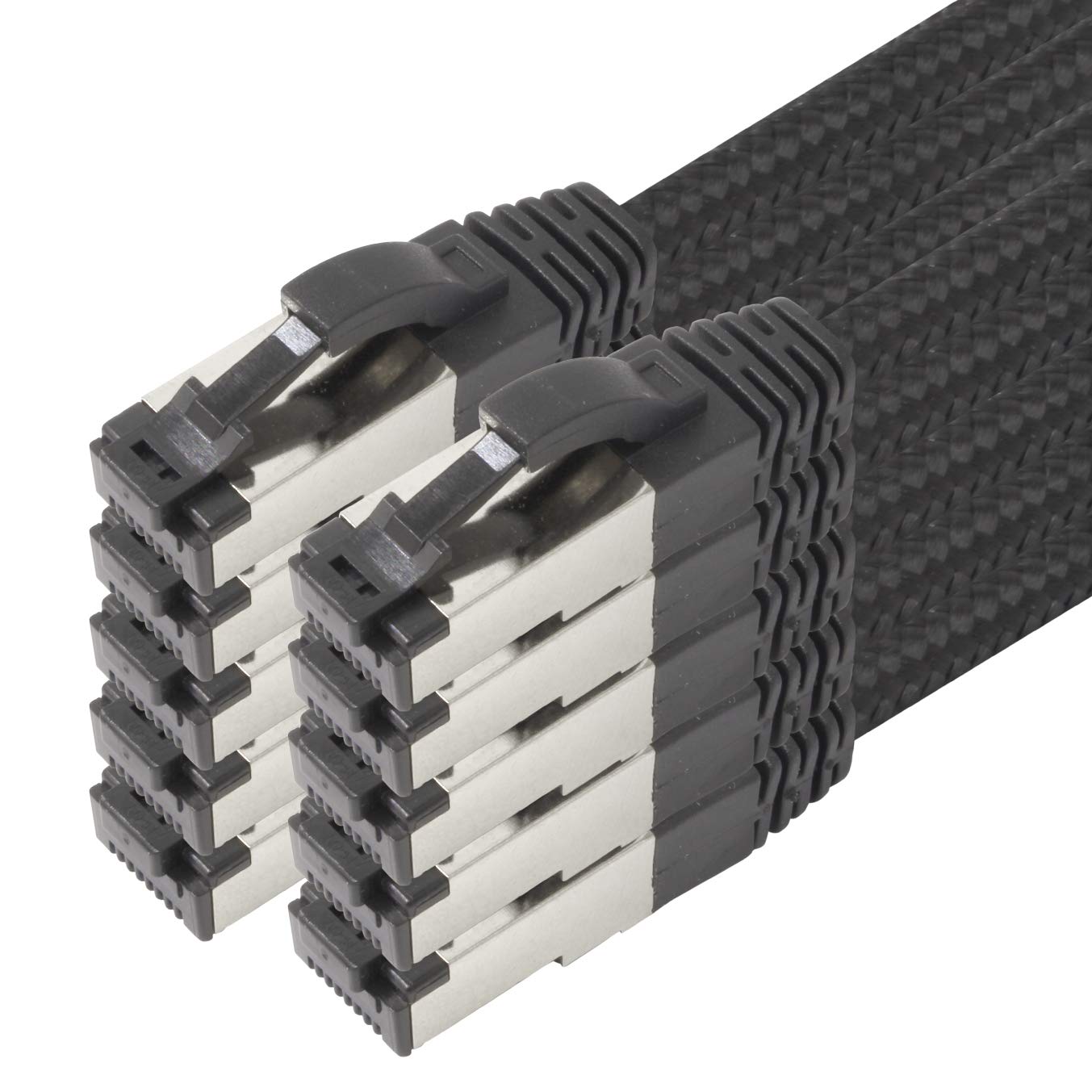1aTTack.de 2m - Black Cotton CAT 6a Patch Cable Black - Pack of 10 Network Cable Fabric Cotton Coat Cat Cat 6 a Cable Rj 45 LAN Ethernet Patch Cable 500Mhz 10 Gb s - 10 x 2 Meters