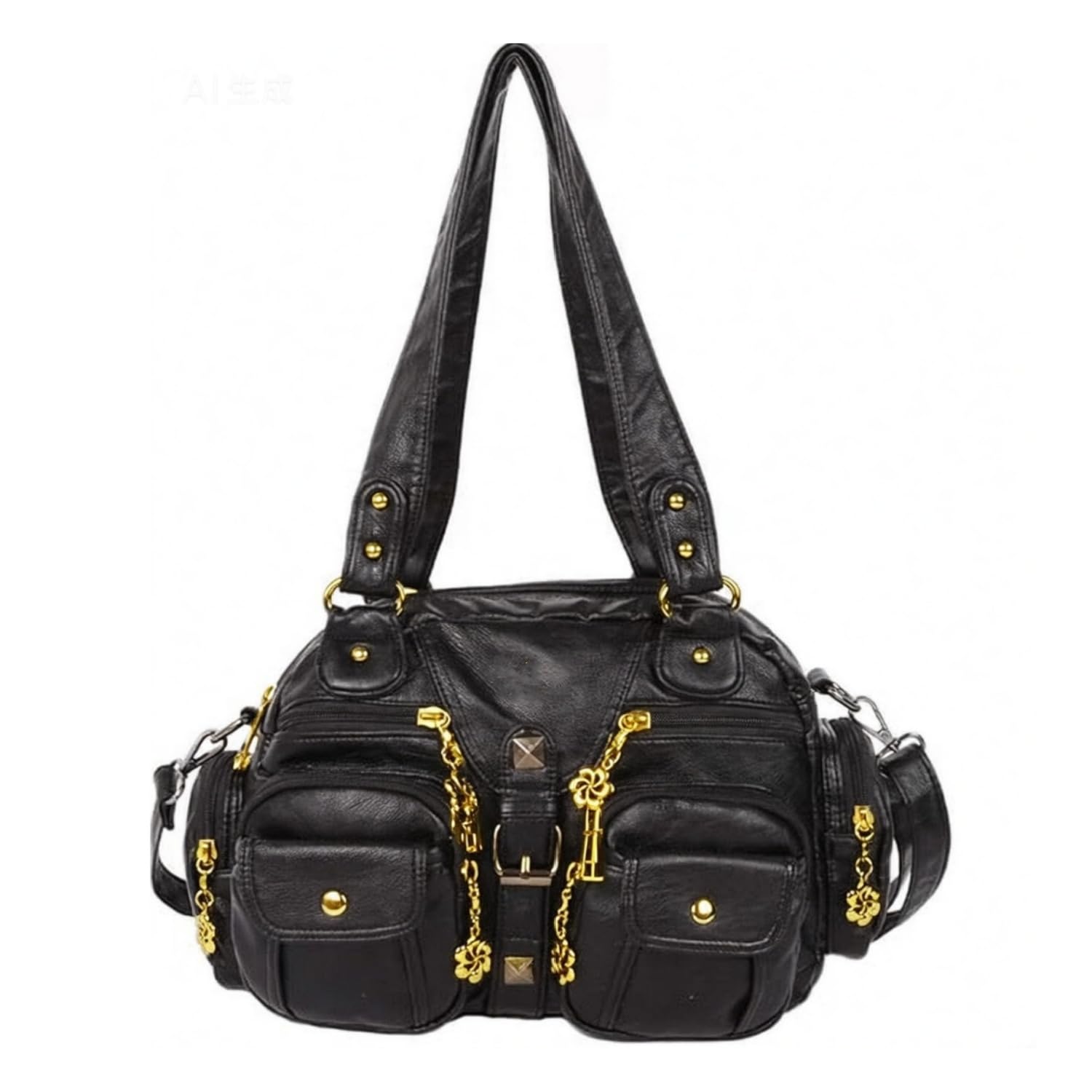 Floving 2023 New Vintage Lady Multi Pockets Shoulder Bags Washed Leather Handbags For Women Messenger Bags