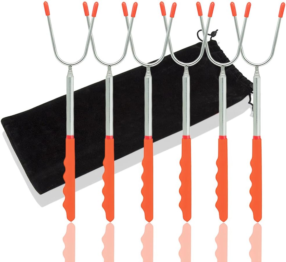 Marshmallow Roasting Sticks Metal Skewer, Ubenmart Barbecue Grill Fork Set Long BBQ Accessories Tools Kit Extendable Type Portable 6Pcs/Set with Bag 115cm Full Length Stainless Steel Forks PVC Handle For Fire Pit, Camping, Campfire, Bonfire Kids, Picnic BBQ Cooking