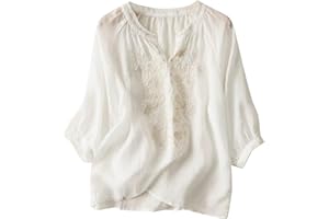 lcepcy Women's Cotton Linen Tunic Tops Short Sleeve Casual Loose Fit Embroidered Tops V Neck T-Shirt Blouses Linen Shirts